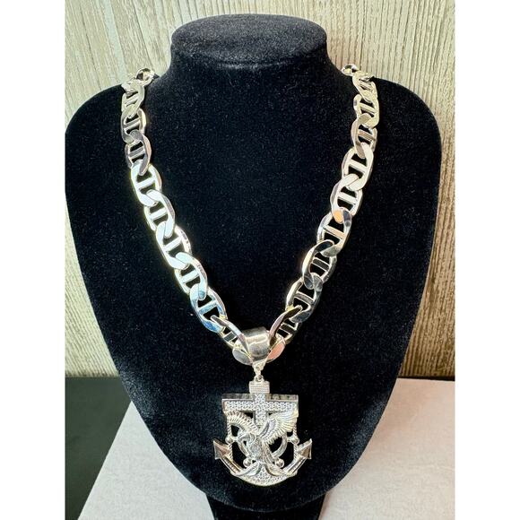 Moissanite Anchor Pendant, 24" 12mm GG Link Silver Chain - Picture 6 of 9